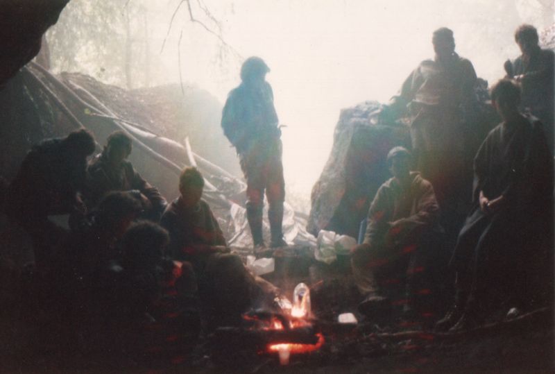 The morning after spending the night in a cave - please don't do this to us in the reunion, we're too old.